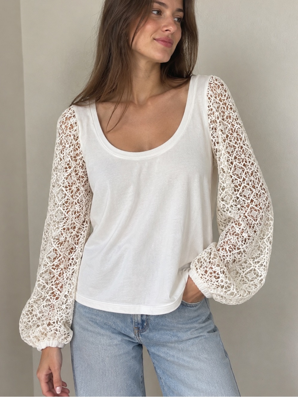 Maeve by Anthropologie ivory Crochet Lace Sleeve Top XL Knit Lightweights stretc